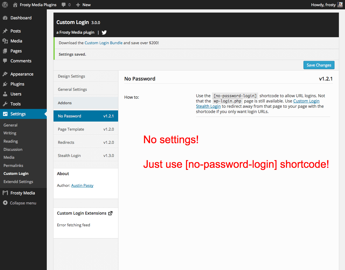 Custom Login No Password settings