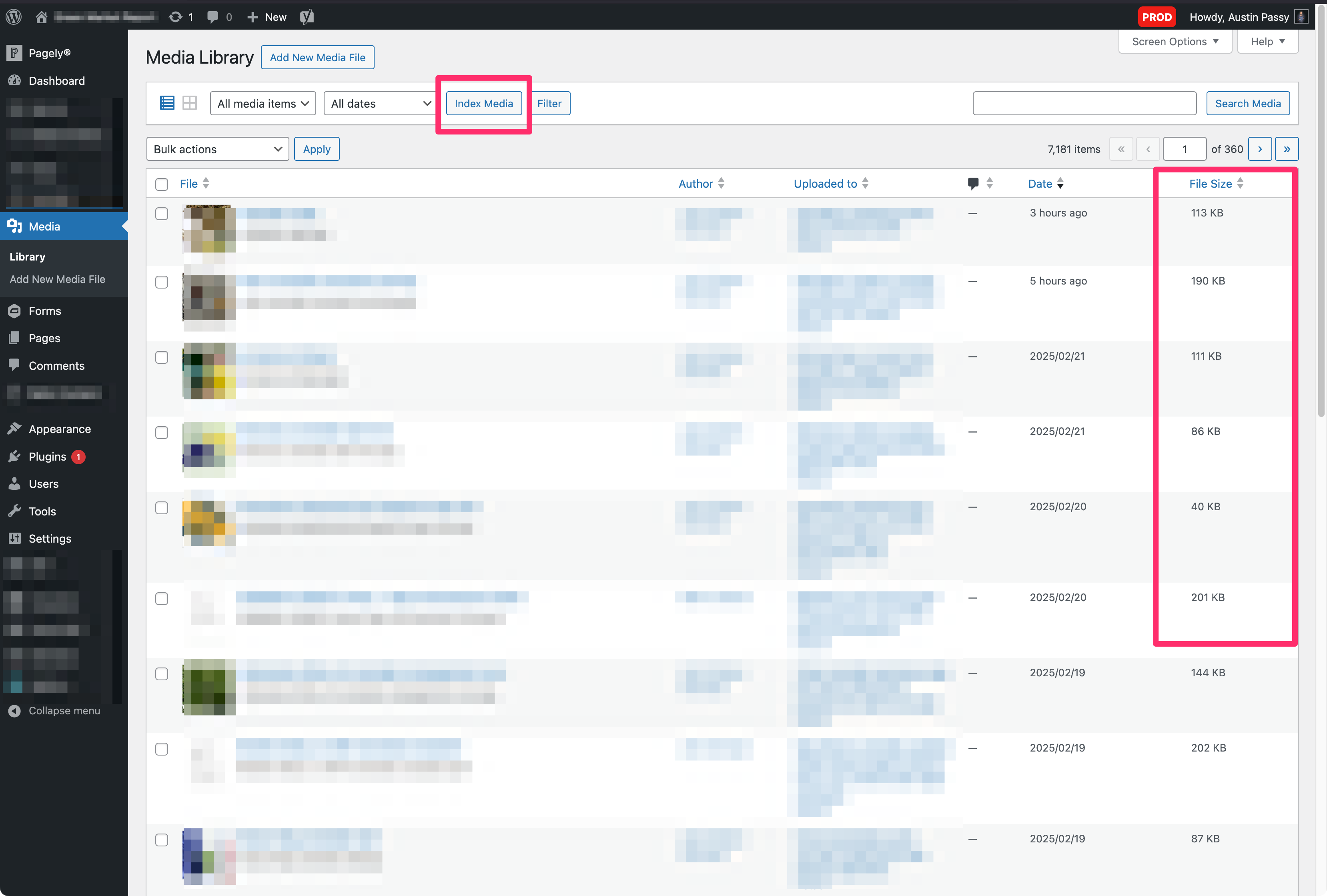 Attachement(s) Filesizes filterable column