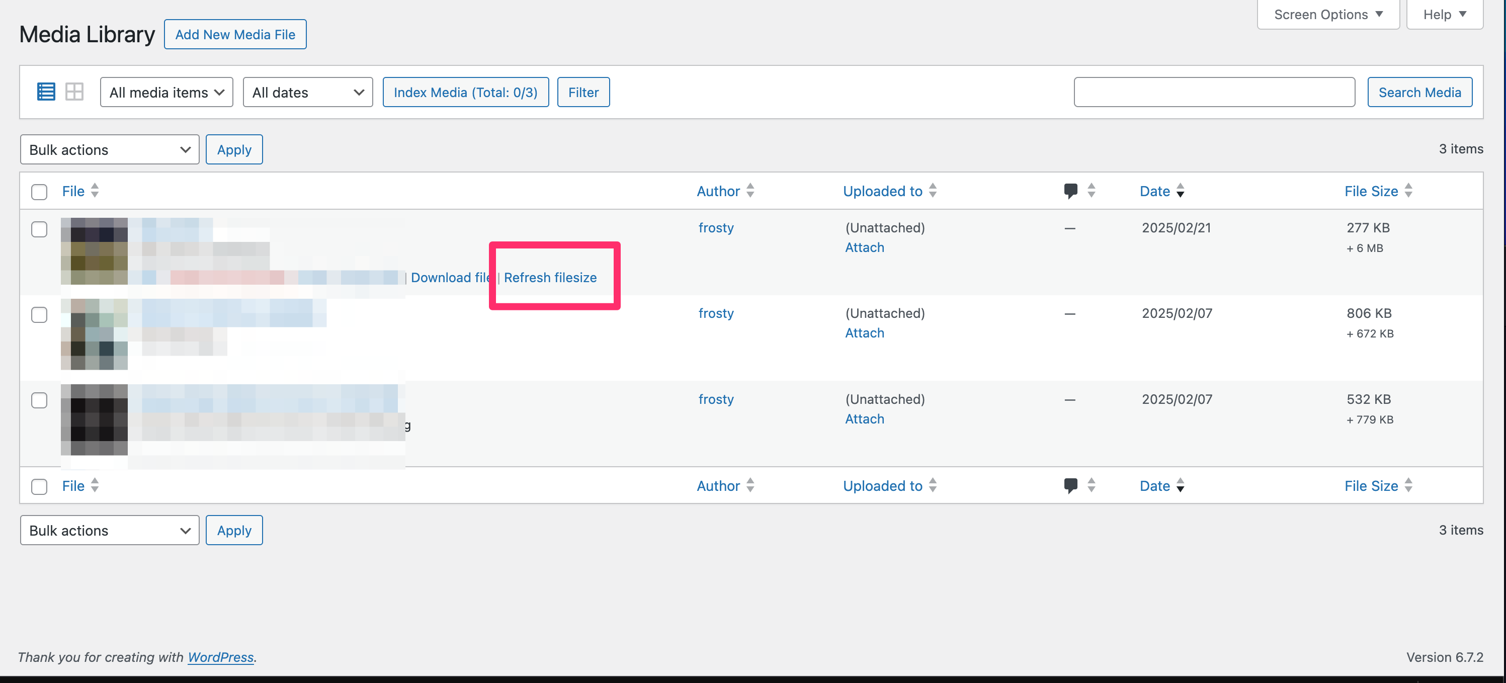 Refresh (update) filesize